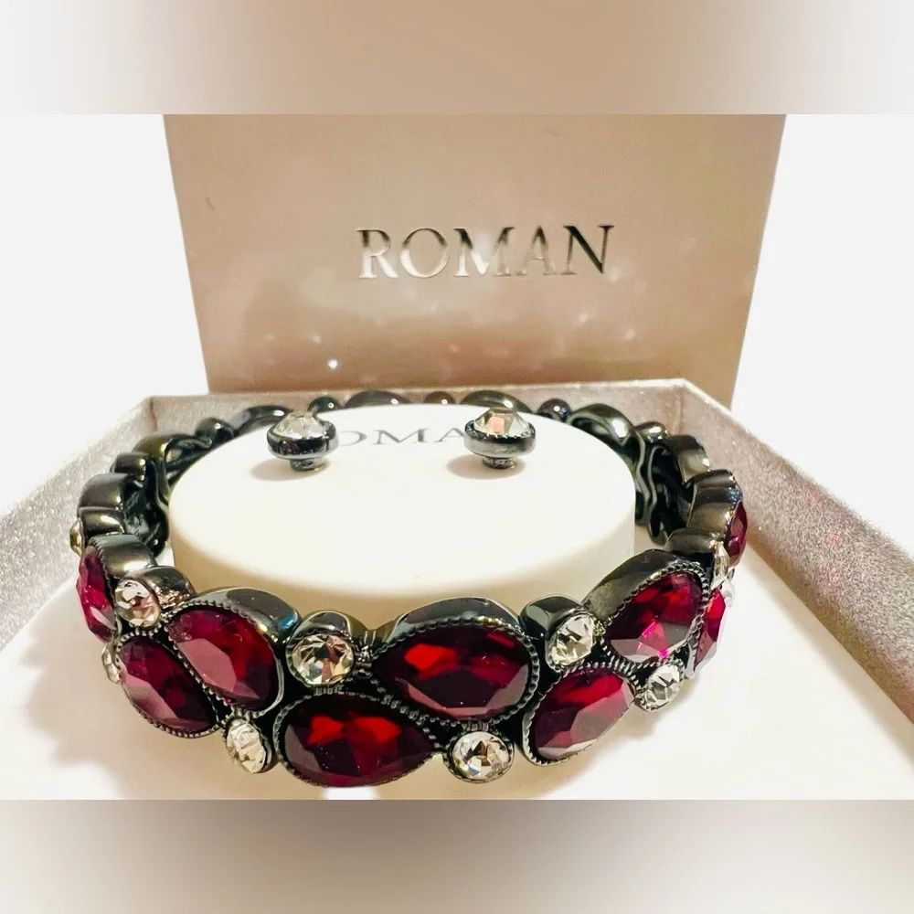 Roman Scarlet Teardrop Crystal Stretch Bracelet with Clear Accents - Picture 6 of 6